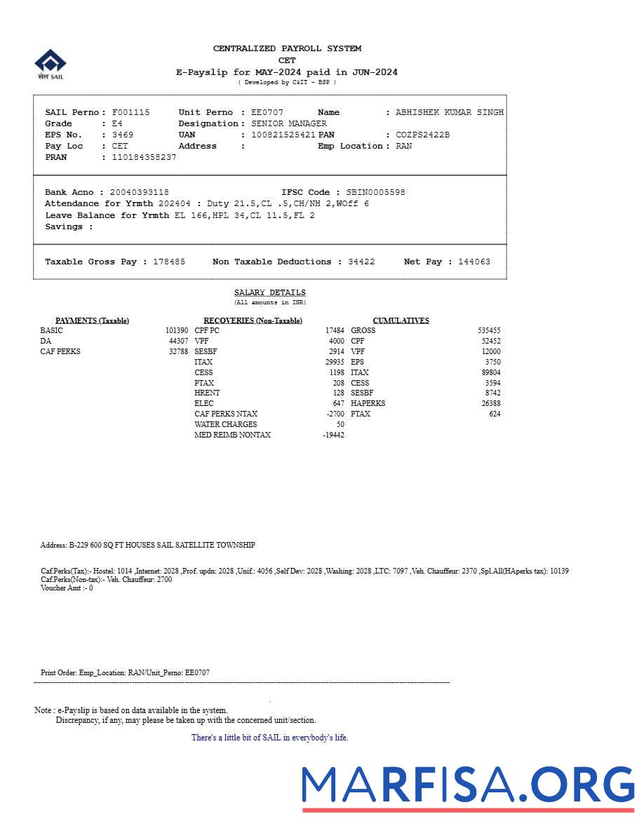 Printable Centralized Payroll System payslip real example